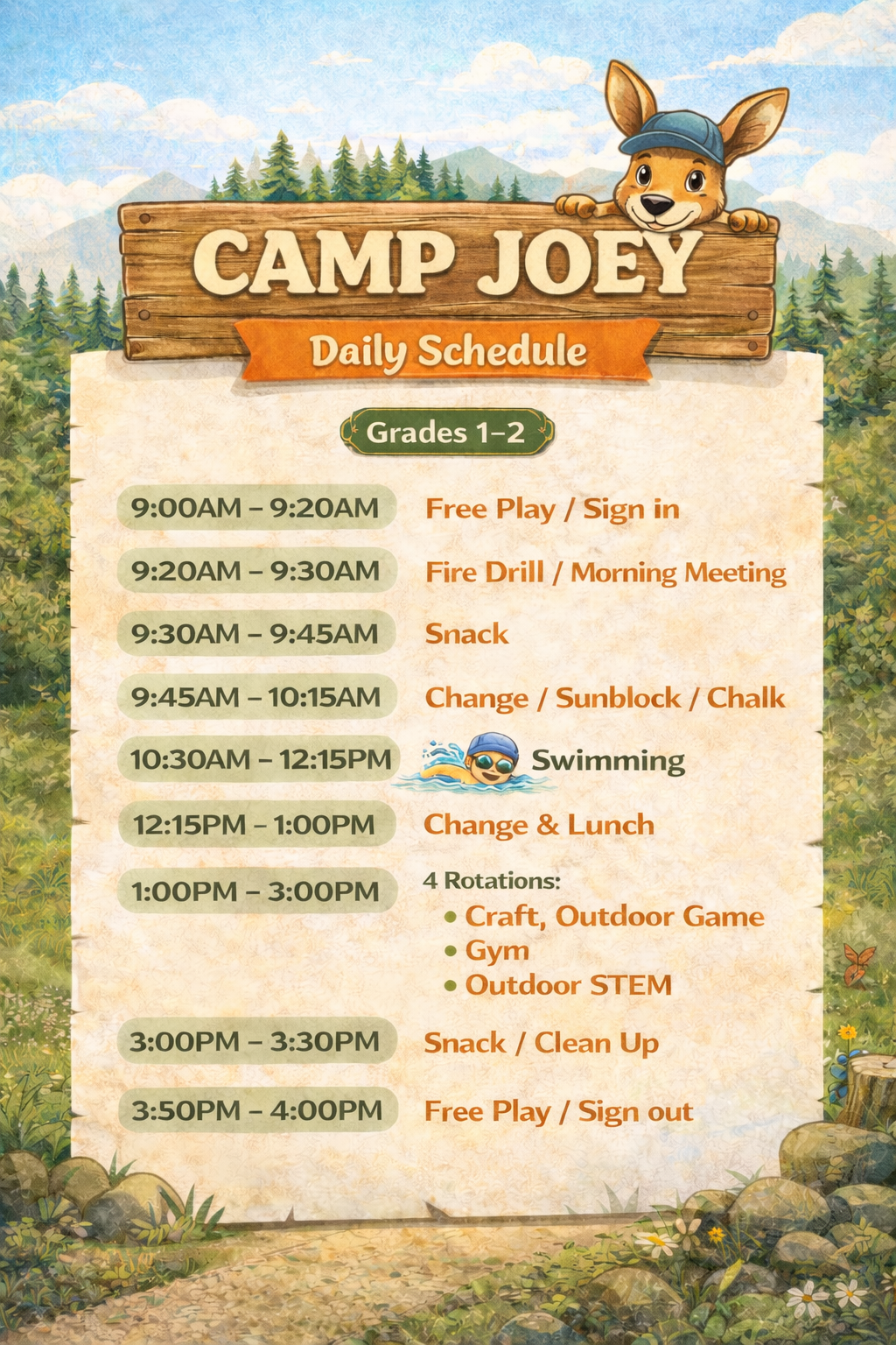 Camp Joey daily schedule for grades 1-2